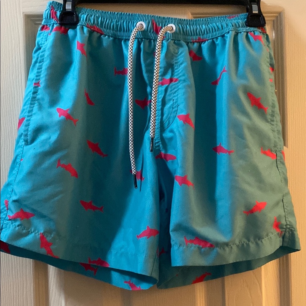 Blue and Red Swim Trunks with Elastic Waistband